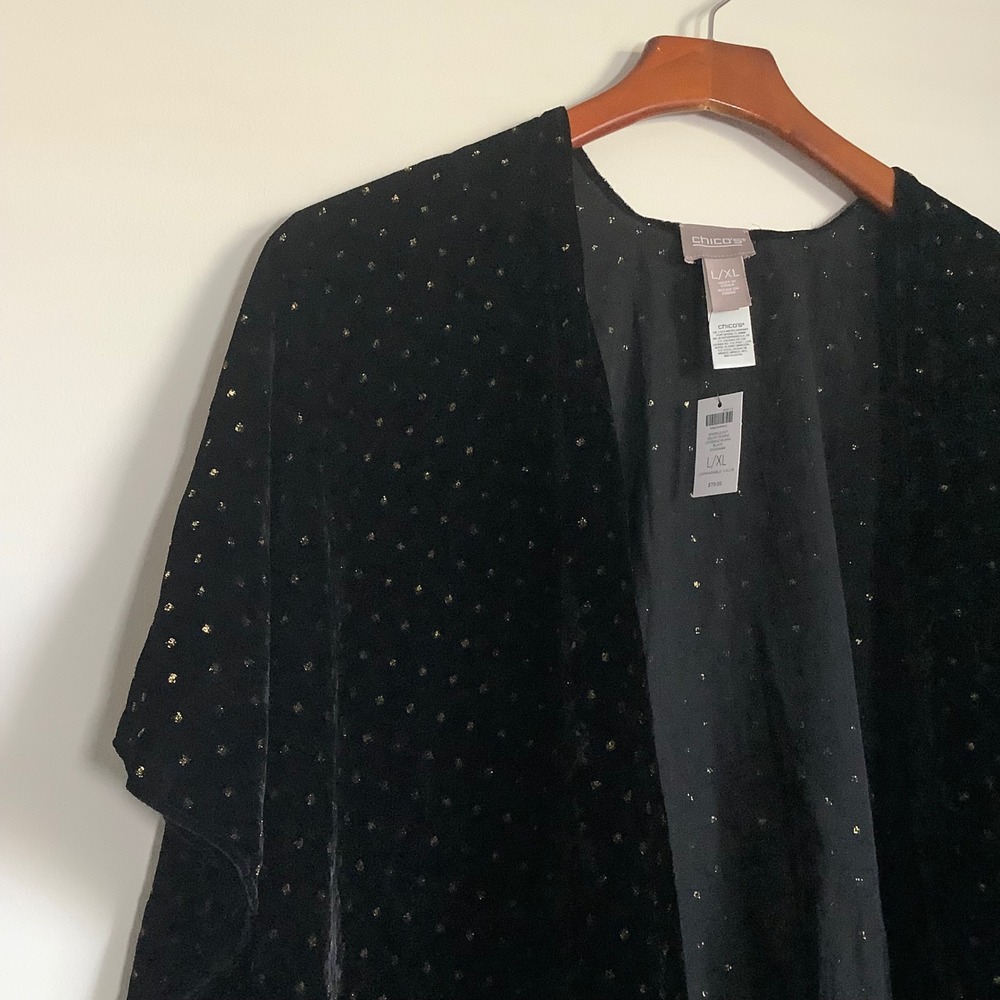 Chico's Sparkle Dot Velvet Ruana Black Gold Metallic Wrap L/XL 570354484 NWT